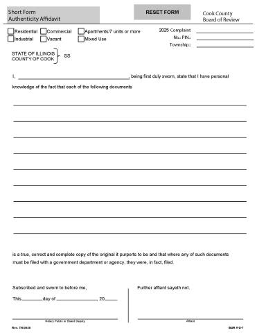 2025 Short Form Authenticity Affidavit Reset Form